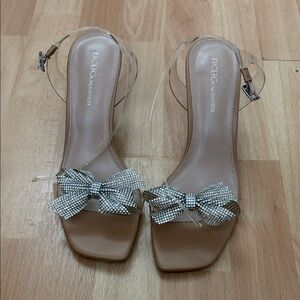 BCBGMaxAzria Nude Heels with Rhinestone Bow